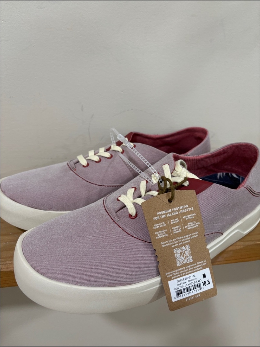 OluKai Men's Dusty Mauve Canvas Sneakers with White Soles and Burgundy Lining